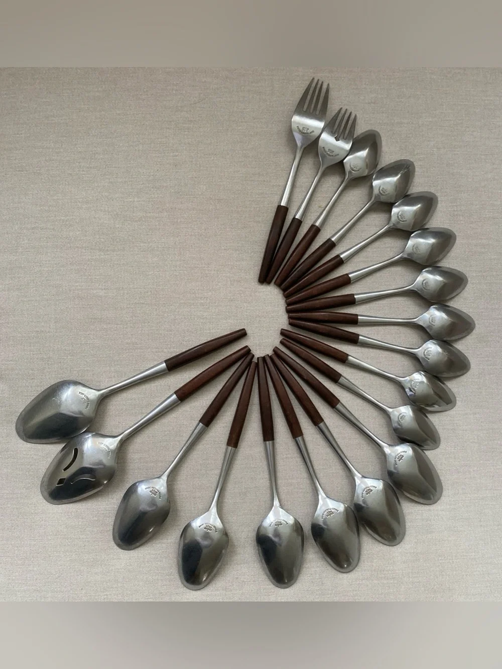VTG MCM Grand Prix Dior Muffin Flatware 19 Pc Lot Stainless Japan Faux Wood